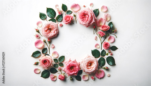 Close up of pink roses flowers and petals on white table background