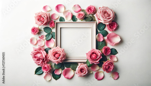 Close up of pink roses flowers and petals on white table background