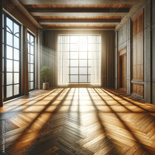 Empty room for interior design with wooden floor  beautiful light from the window.