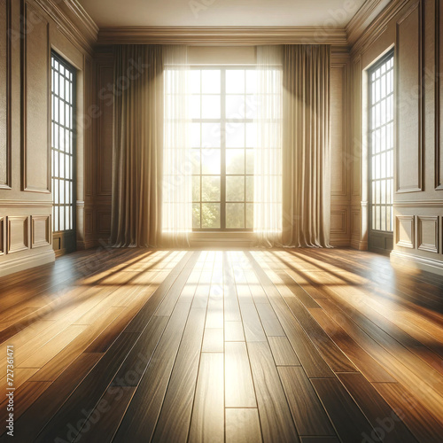 Empty room for interior design with wooden floor  beautiful light from the window.