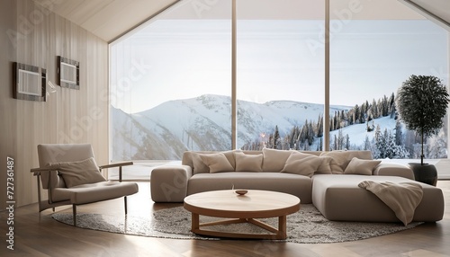 Round wooden coffee table near beige sofa and armchair against floor to ceiling panoramic large window with winter mountain view, minimalist home interior design of modern living room