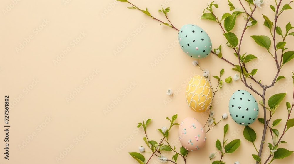 Composition with Easter eggs and green branches on beige background Composition with Easter eggs and green branches on beige background
