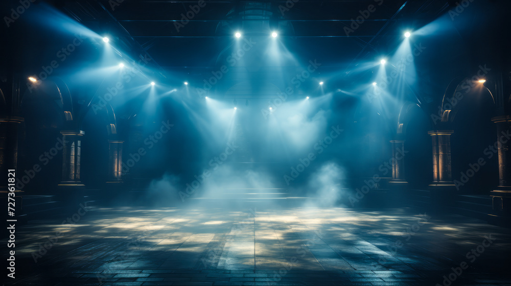 Mysterious empty stage with dramatic blue lights and smoke, spotlight on the shiny floor, ready for performance or presentation in dark ambiance