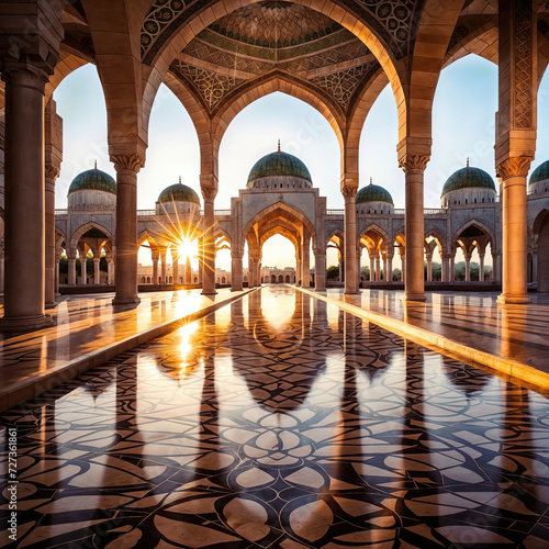 Mosque with arches at sunset