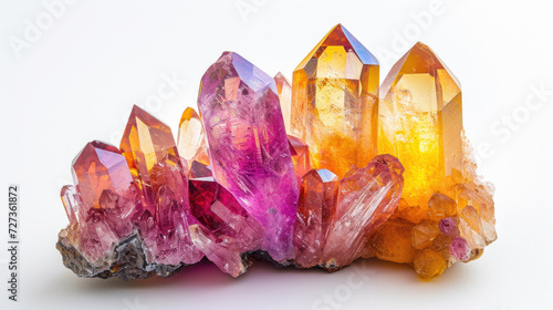 a group of colored crystals in arranging style  in the style of dark pink and yellow