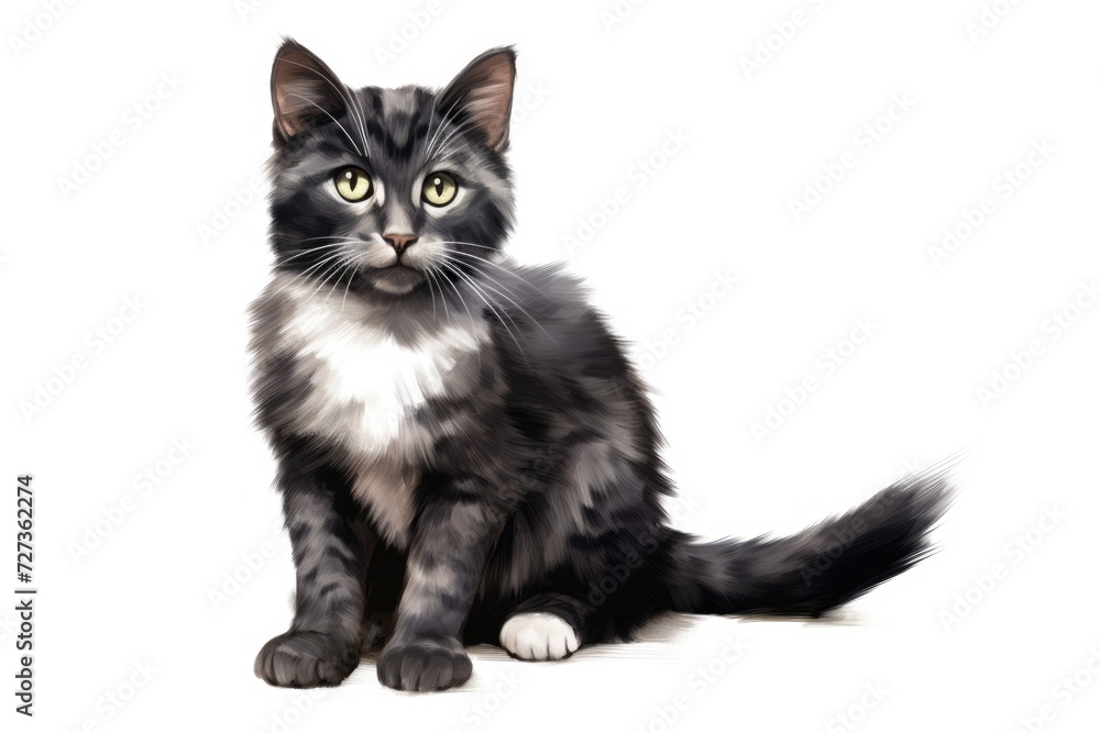 Fototapeta Black and white kitten illustration aquarelle on white background. Pet, domestic animal. AI Generated
