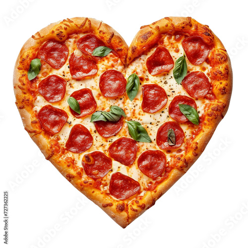 Pizza in the shape of a heart topped with pepperoni and basil leaves isolated on transparent or white background, png