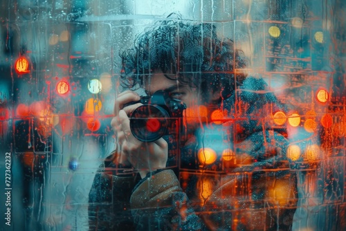 A street artist captures the melancholy beauty of a rainy day through their painting of a human face reflected in a wet window
