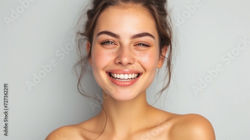 happy laughing young woman with perfect skin, natural make-up and a beautiful smile. Female portrait with bare shoulders on a gray background