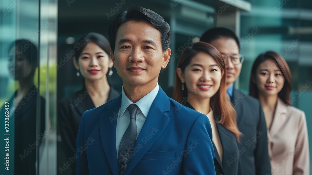 portrait of a group of asian business person standing together in an office entrance portrait of a group of asian business person standing together in an office entrance