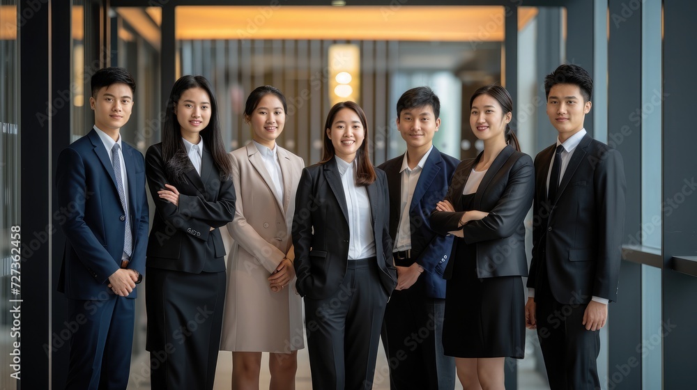 portrait of a group of asian business person standing together in an office entrance portrait of a group of asian business person standing together in an office entrance