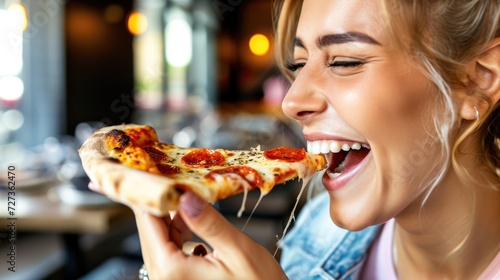 Amidst the bustling pizza place, the girl eagerly enjoys her meal, savoring each slice with genuine gusto.