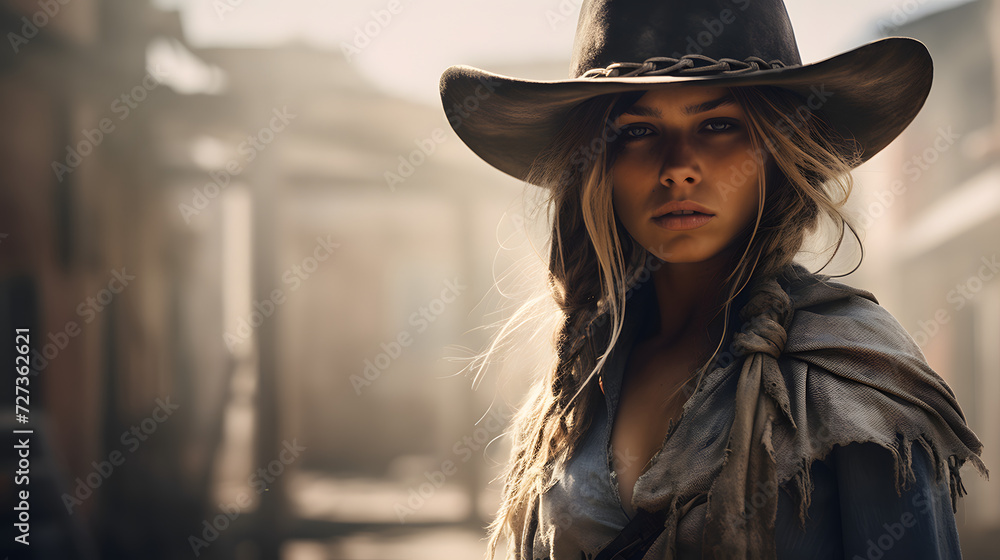 Portrait of a woman in the wild west in a cowboy outfit Portrait of a woman in the wild west in a cowboy outfit