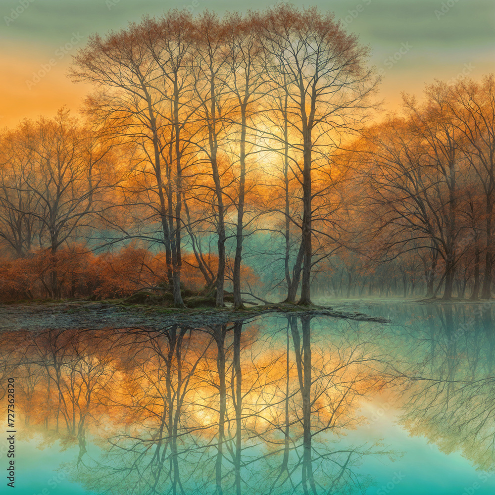 Sunset on a lake and many trees - reflection