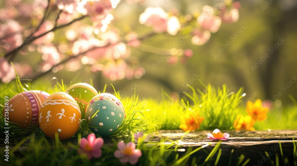 Top veiw. Painted easter eggs in the grass celebrating a Happy Easter in spring with a green grass meadow, cherry blossom and on rustic wooden bench to display