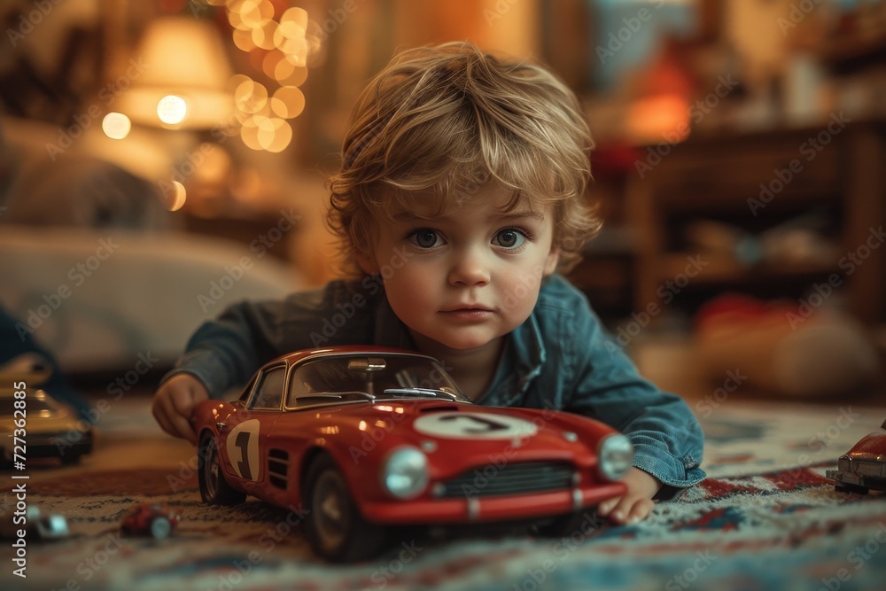 A curious young boy delights in his toy car, his bright eyes full of wonder as he imagines himself on an exciting adventure