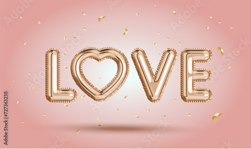 3d Love quote Gold foil balloon metal lettering. 3d Realistic alphabet Balloons. Valentines day, Romantic Poster, banner, cover card, brochure, flyer. 3d rendering. Vector illustration