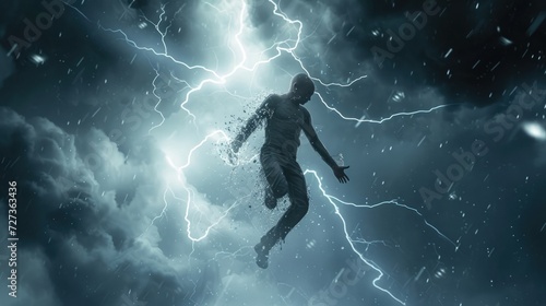 Man struck by lightning, depicted in 3D illustration.