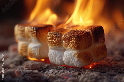 A blazing fireplace ignites the marshmallows, engulfing them in fiery flames that dance with intense heat, leaving behind a charred and ash-covered treat on the ground photo