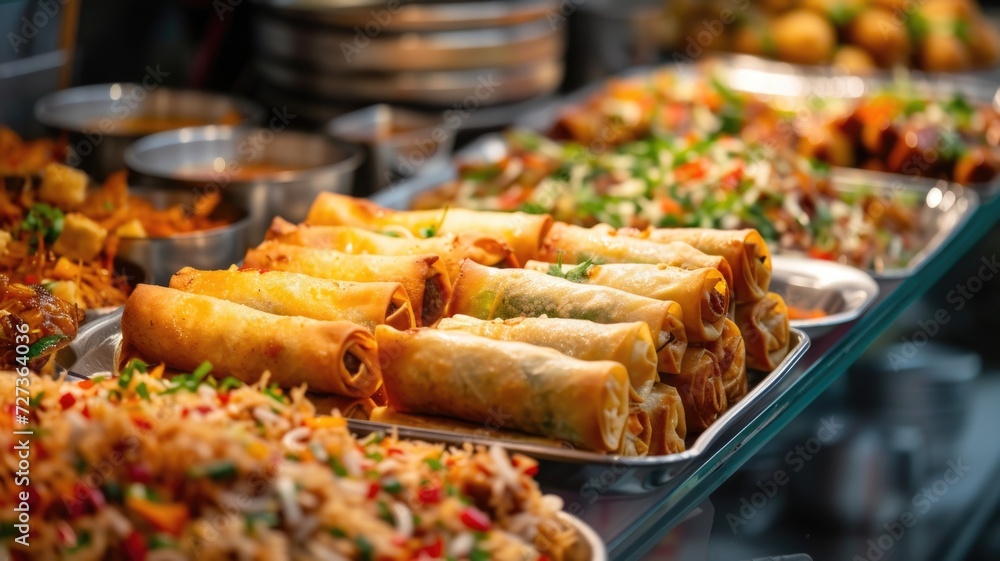 Egg roll display at a food festival, attracting food enthusiasts and connoisseurs Egg roll display at a food festival, attracting food enthusiasts and connoisseurs