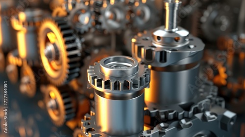 3D rendered image of engine pistons and gears with depth of field effect