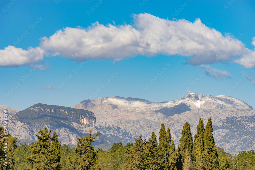 Majestic Mountain Range Overlooking a Lush Green Forest Under a Cloud-Filled Sky