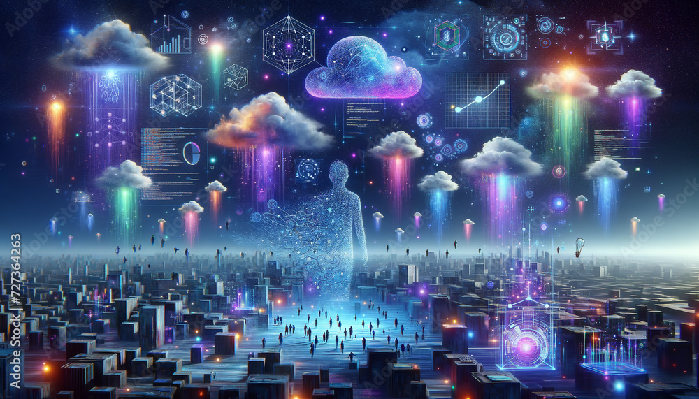 Surreal Business Intelligence: Futuristic cityscape blending AI and data analytics in an abstract landscape