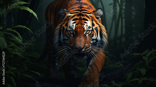 Tiger in the dark forest with dangerous scary loo