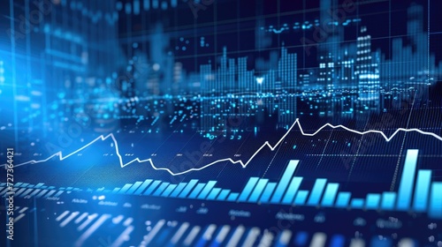 An ascending line and arrows on a blue background represent a financial graph in the stock market.