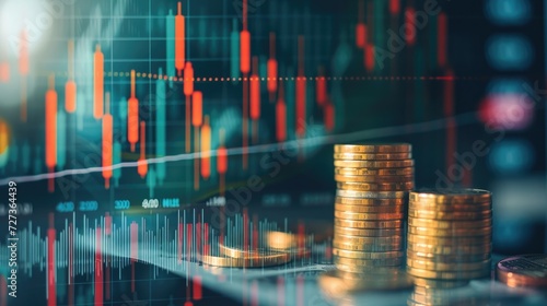 Abstract finance stock chart with a double exposure background featuring a graph and a stack of coins.