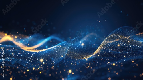 Dark blue background with glowing glitter and abstract technology curves.