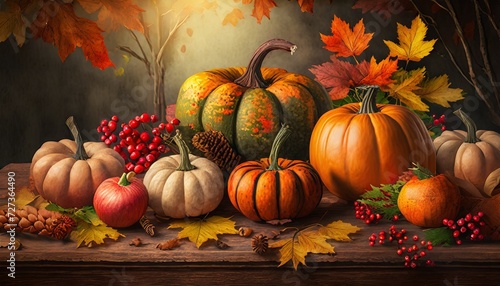 pumpkins and autumn leaves