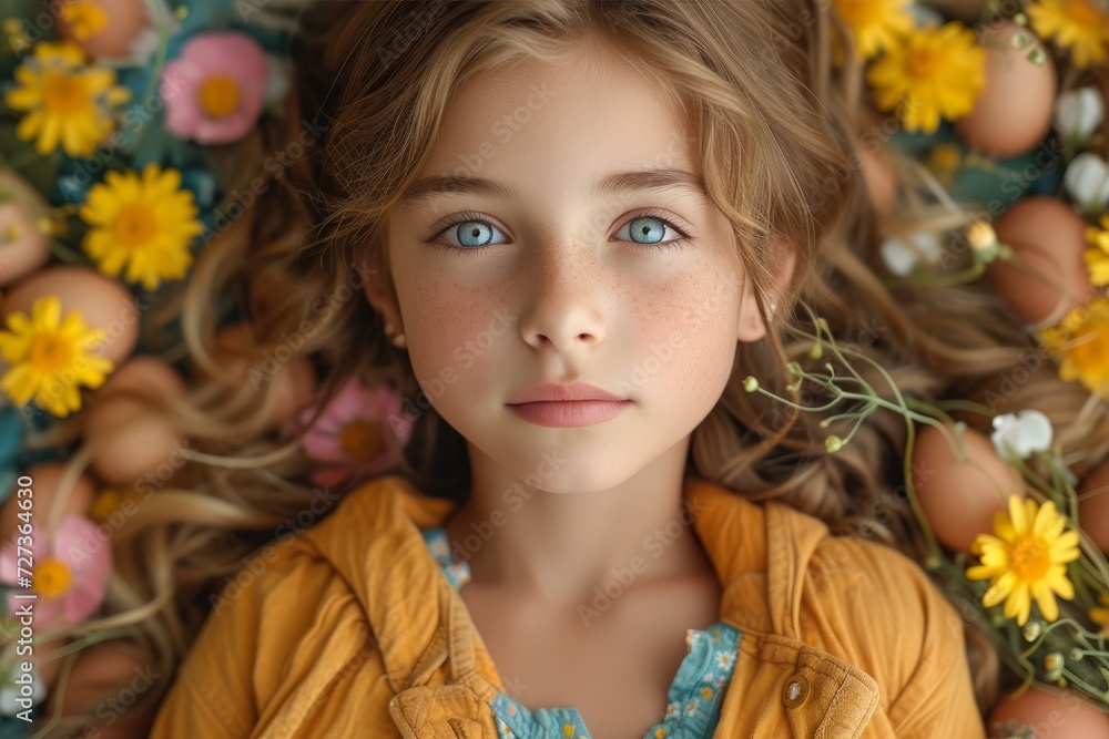 A young girl lays among a sea of vibrant yellow flowers, her face adorned with a gentle smile and her clothing blending into the earthy landscape, capturing the essence of youth and nature's beauty A young girl lays among a sea of vibrant yellow flowers, her face adorned with a gentle smile and her clothing blending into the earthy landscape, capturing the essence of youth and nature's beauty