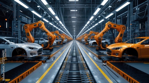 Automated robotics and futuristic electric cars factory production line showcased in wide banners featuring production and efficiency statistics along with a copy space area. © OLGA