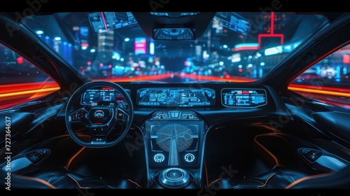 fully autonomous car dashboard with wide holographic HUD screens and integrated infotainment system. © OLGA