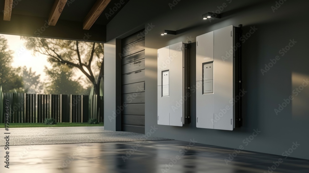 Battery packs provide an alternative energy storage system for the home garage wall, serving as a backup or sustainable energy solution. - obrazy, fototapety, plakaty 