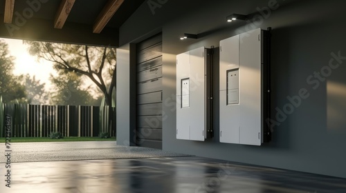 Battery packs provide an alternative energy storage system for the home garage wall, serving as a backup or sustainable energy solution. photo