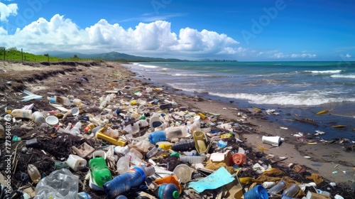 A wide banner showcasing environmental and recycling concepts with a beach covered in garbage and plastic waste.