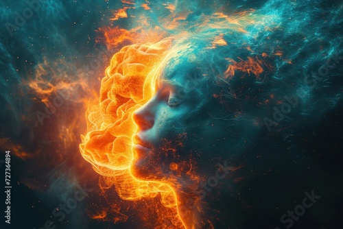 Woman head with brain stress fire color. Generate AI image