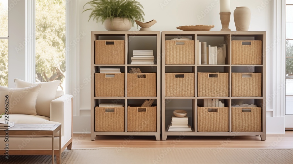 Fototapeta premium Integrate storage solutions that mimic the look of beach-inspired furniture, such as woven baskets or light wood bookshelvesar