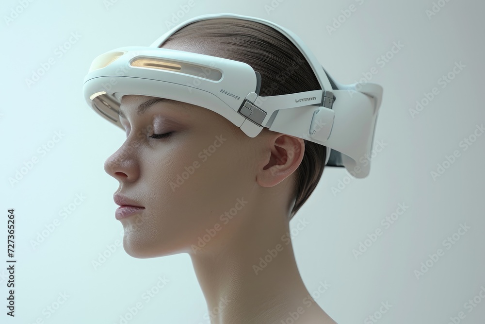 A woman is pictured with her eyes closed, wearing a headset on her head, 3D model of innovative wearable technology, AI Generated A woman is pictured with her eyes closed, wearing a headset on her head, 3D model of innovative wearable technology, AI Generated