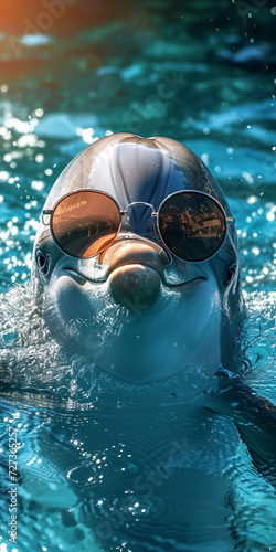 Playful Dolphin Wearing Sunglasses in Sparkling Blue Water - A Unique, Vibrant, and Eye-Catching Underwater Scene for Diverse Use