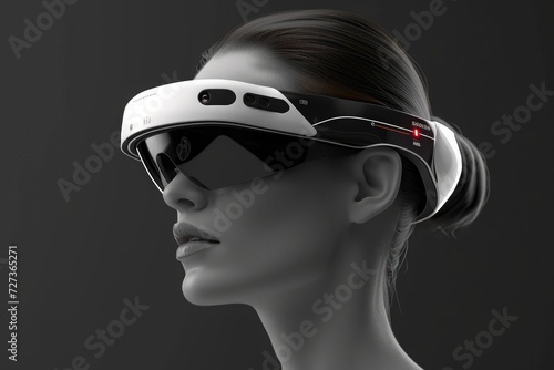 A woman wearing a virtual reality headset displays an immersive digital experience, 3D model of innovative wearable technology, AI Generated