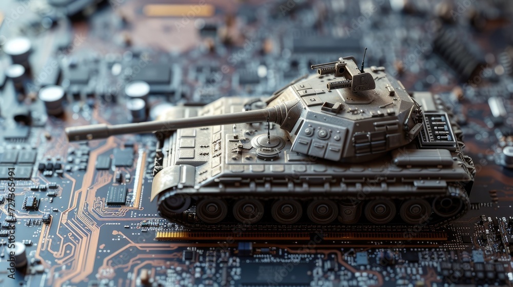 AI controlling warfare depicted through close-up of a military tank on a computer board, emphasizing the race in manufacturing microchips.