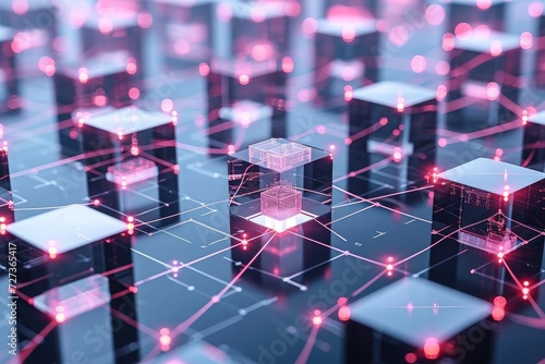 A collection of cubes placed on top of a table in an organized manner, A 3D model of various interconnected blocks, symbolizing a blockchain database, AI Generated photo