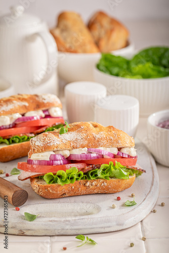 Fresh and homemade sandwich with chicken, onion and mayonnaise.