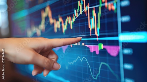 A hand pointing at a stock market graph on a blue monitor in close-up for analysis.