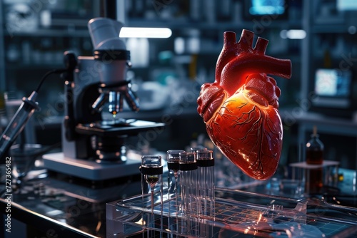 A heart shape sits in the middle of a lab surrounded by various liquids, illustrating scientific experimentation, A 3D rendering of a synthetic heart beating in a science lab, AI Generated