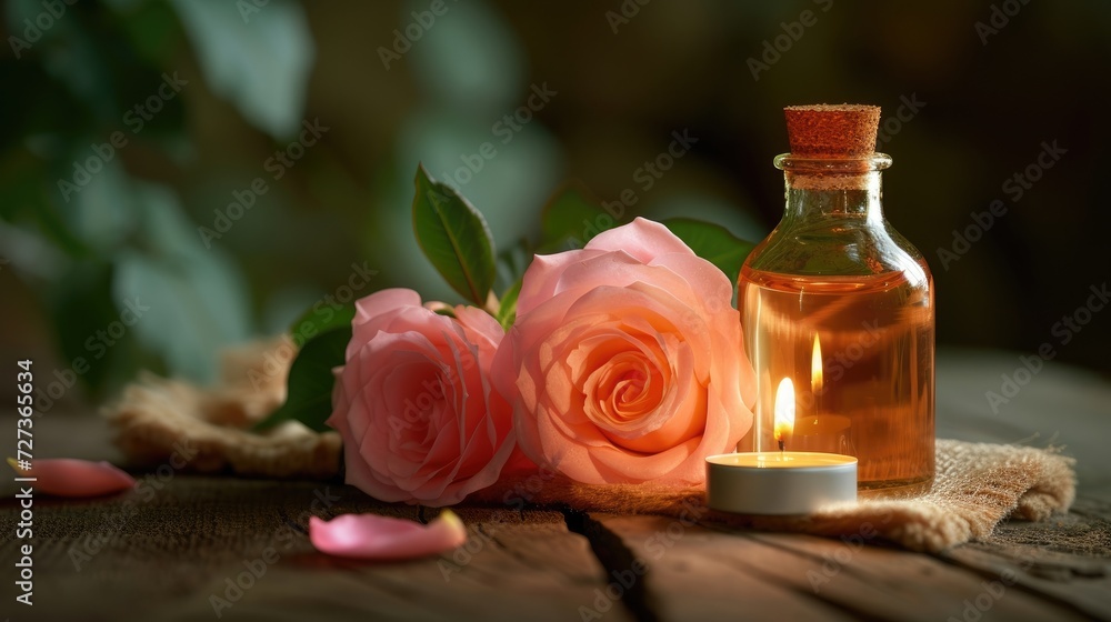 Organic rose oil with pink flowers and a candle as the central concept.
