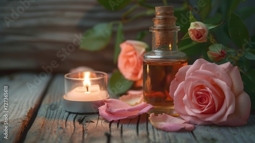 Organic rose oil with pink flowers and a candle as the central concept.